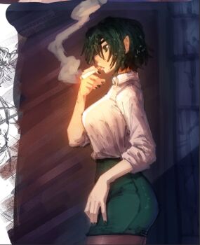 1girl black_eyes black_hair black_nails black_pantyhose black_skirt breasts chainsaw_man cigarette collared_shirt eyepatch himeno_(chainsaw_man) holding holding_cigarette large_breasts miniskirt noremmak pantyhose shirt short_hair skirt smoke smoking solo white_shirt