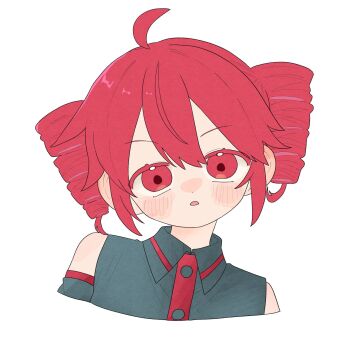 Rule 34 | 1girl, ahoge, collared shirt, drill hair, head tilt, highres, kasane teto, kasane teto (utau), komori kamome, looking at viewer, parted lips, portrait, red eyes, red hair, shirt, simple background, solo, twin drills, utau, white background