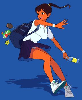 1girl 2025 backpack bag blue_background bottle cacn colored_skin commentary goomba highres mario mario_(series) nintendo orange_skin original panties plastic_bottle pleated_skirt ponytail school_uniform skirt solo super_star_(mario) underwear water_bottle white_panties yoshi