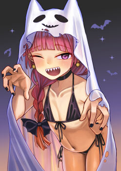 1girl absurdres alternate_costume bikini black_bikini black_bow black_nails blunt_bangs blush bocchi_the_rock! bow braid brown_hair commentary_request cowboy_shot flat_chest ghost_costume hair_bow hair_over_shoulder hakai_no_ika halloween halloween_costume highres hiroi_kikuri long_hair looking_at_viewer navel one_eye_closed open_mouth outstretched_arms paid_reward_available pink_eyes sharp_teeth sheet_ghost side-tie_bikini_bottom single_braid smile solo swimsuit teeth upper_teeth_only zombie_pose