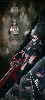 1boy 6+girls absurdres arm_cutout black_choker black_hair black_jacket black_skirt chisa_(wuthering_waves) choker closed_mouth clothing_cutout commentary dual_persona english_commentary female_rover_(wuthering_waves) glass_shards gloves green_eyes hair_ribbon hand_up highres holding holding_sword holding_weapon index_finger_raised jacket long_hair long_sleeves male_rover_(wuthering_waves) morted_art multiple_girls red_eyes red_ribbon ribbon rover_(wuthering_waves) sailor_collar short_hair skirt sumika_(wuthering_waves) sword weapon white_gloves white_sailor_collar wuthering_waves