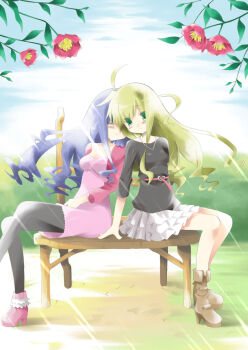 Rule 34 | 2girls, arisa bunnings, blonde hair, blush, chair, cheek-to-cheek, dress, closed eyes, flower, garden, green eyes, heads together, high heels, highres, kubotan (snow-covered), lyrical nanoha, mahou shoujo lyrical nanoha, mahou shoujo lyrical nanoha a's, multiple girls, nuzzle, purple hair, shoes, sitting, skirt, smile, sunlight, tsukimura suzuka, yuri