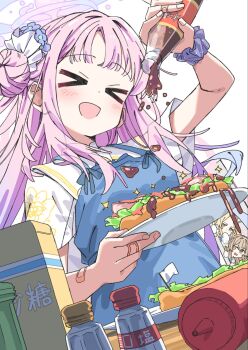 &gt;_&lt; 3girls :d apron blue_apron blue_archive blue_scrunchie blush bottle closed_eyes commentary flag food hair_bun halo highres holding holding_bottle holding_plate ketchup_bottle long_hair mika_(blue_archive) multiple_girls nagisa_(blue_archive) open_mouth pink_hair pink_halo plate sandwich sauce scrunchie seia_(blue_archive) shinshin_(ssnsn_oekaki) shirt short_sleeves smile solo_focus upper_body white_flag white_shirt wrist_scrunchie xd