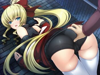 1boy 1girl against_wall ass bare_shoulders bent_over black_shorts black_sweater blonde_hair blue_eyes blush bow breasts brick_wall casual cowboy_shot detached_sleeves dutch_angle floating_hair from_behind game_cg grabbing_another&#039;s_ass groping hair_between_eyes hair_bow hetero high_ponytail inoino jacket kouyoku_senki_exs-tia large_breasts large_variant_set long_hair long_sleeves looking_at_viewer looking_back night non-web_source off_shoulder official_art open_clothes open_jacket open_mouth outdoors ponytail red_bow red_jacket ribbed_sweater rieszverne_suzette_paladill short_shorts shorts sidelocks sleeveless sleeveless_sweater sleeveless_turtleneck sleeves_past_wrists smile solo_focus standing sweater thigh_gap thighhighs turtleneck turtleneck_sweater variant_set very_long_hair white_thighhighs