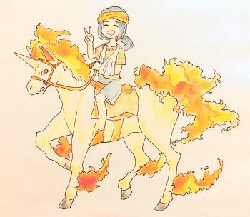 1girl ankle_boots arm_sling blue_hair boots closed_eyes gen_1_pokemon headband lara_laramie nintendo peace_symbol pokemon pokemon_(anime) pokemon_(classic_anime) pokemon_ep033 ponytail rapidash reins riding riding_pokemon saddle shorts shoulder_belt smile v