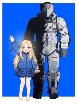 1boy 1girl :d absurdres appledogg arm_up bare_legs barefoot black_gloves blonde_hair blue_background blue_coat blue_eyes blush border clenched_hand coat commentary diana_(pragmata) drawstring english_commentary full_body gloves helmet highres hugh_williams long_hair long_sleeves looking_at_viewer open_mouth padded_coat padded_gloves pragmata puffy_long_sleeves puffy_sleeves simple_background smile space_helmet spacesuit standing white_border