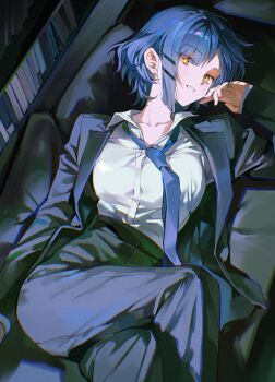 1girl absurdres black_jacket black_pants blue_hair blue_necktie bocchi_the_rock! breasts collared_shirt couch earrings highres jacket jewelry looking_at_viewer lying medium_breasts mole mole_under_eye necktie on_back open_clothes open_jacket open_mouth pants pong_(pong_o0) shirt short_hair sleeves_past_wrists solo stud_earrings white_shirt yamada_ryo yellow_eyes