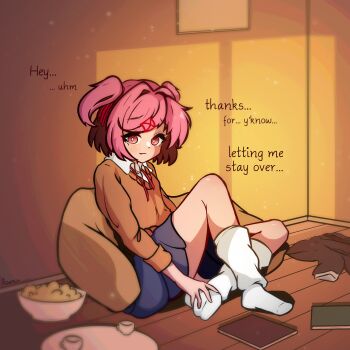 Rule 34 | 1girl, absurdres, alt text, artist name, blue skirt, blush, brown jacket, brown sweater, closed mouth, collared shirt, commentary, doki doki literature club, doki doki literature club school uniform, embarrassed, english commentary, fang, full body, hair intakes, highres, holding own ankle, indoors, jacket, kneehighs, medium hair, miniskirt, natsuki (doki doki literature club), neck ribbon, pink eyes, pink hair, pleated skirt, red ribbon, ribbon, rownou, school uniform, shirt, shirt under sweater, signature, sitting, skirt, socks, solo, sweater, twintails, untied ribbon, unworn jacket, watermark, white shirt, white socks, wing collar
