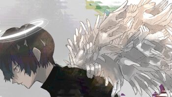 1boy black_hair black_shirt closed_mouth facing_down from_side halo hand_wings highres male_focus original profile red_eyes sahi00000 serious shirt short_hair solo upper_body white_halo wings