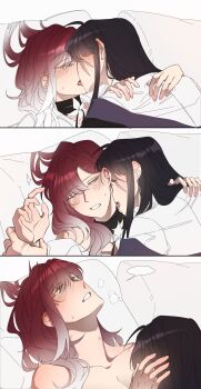 absurdres black_hair blank_speech_bubble blush commentary_request flower french_kiss gradient_hair hand_on_another&#039;s_shoulder hickey highres illusion_moon kiss korean_commentary licking licking_another&#039;s_neck multicolored_hair parted_lips path_to_nowhere rahu_(path_to_nowhere) red_hair scar scar_across_eye scar_on_face shalom_(path_to_nowhere) shirt speech_bubble tongue tongue_out white_flower white_hair white_shirt yuri