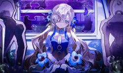 Rule 34 | 1girl, bags under eyes, blue dress, blue eyes, blue flower, bubble, bug, butterfly, cardboard cutout, cleavage cutout, clothing cutout, commentary request, dress, feet out of frame, flower, grey hair, hair flower, hair ornament, hair over one eye, hands on lap, head tilt, highres, insect, isekai joucho, juliet sleeves, kamitsubaki studio, kurehalxxx, long hair, long sleeves, looking at viewer, multicolored hair, one eye covered, parted lips, puffy sleeves, shrug (clothing), sitting, solo, streaked hair, train interior, very long hair, virtual youtuber, wavy hair, white sleeves, wide sleeves