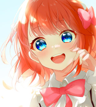 1girl :d absurdres blue_background blue_eyes blush bow bowtie collared_shirt frills hair_bow hand_up highres long_sleeves looking_at_viewer medium_hair open_mouth orange_hair pink_bow pink_bowtie portrait rain_re_a re:zero_kara_hajimeru_isekai_seikatsu shirt short_hair smile solo suspenders teeth theresia_van_astrea two_side_up upper_body upper_teeth_only white_shirt