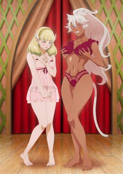 2girls absurdres animal_ears babydoll barefoot blonde_hair blush bra breasts brown_eyes cat_ears cat_girl cat_tail dark-skinned_female dark_skin full_body grabbing_own_breast granat_needakitta green_eyes grin hairband highres kekkon_yubiwa_monogatari large_breasts lingerie long_hair looking_at_viewer medium_hair multiple_girls navel nephrites_lomka official_art open_mouth panties pink_babydoll red_bra red_panties smile standing tail underwear underwear_only white_hair wooden_floor yellow_hairband