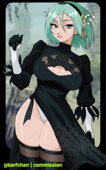 2b_(nier:automata) 2b_(nier:automata)_(cosplay) barfchan blue_eyes boots breasts cleavage_cutout clothing_cutout commission cosplay feather-trimmed_sleeves green_hair highleg highres indie_virtual_youtuber large_breasts leotard leotard_peek no_blindfold original simple_background thick_thighs thigh_boots thighs watermark white_leotard