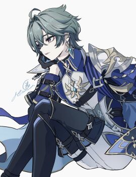 Rule 34 | 1boy, arm belt, armor, black boots, black gloves, blue gem, blue hair, blue jacket, boots, closed mouth, collared shirt, crossed legs, earrings, gem, genshin impact, gloves, hashtag-only commentary, head rest, highres, hikaru002001, invisible chair, jacket, jewelry, lohen (genshin impact), long sleeves, male focus, pants, parted bangs, pauldrons, piercing, shirt, shoulder armor, signature, single earring, single pauldron, sitting, solo, thigh boots, white background, white pants, wing collar