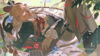 1boy absurdres animal_ear_headwear animal_ears anniversary ascot asymmetrical_gloves black_gloves black_hat black_jacket black_shoes black_socks blade_(honkai:_star_rail) blue_gemstone brooch cake card chinese_commentary collared_shirt crossed_legs curtained_hair dress_shoes earrings fake_animal_ears food foot_out_of_frame fork frilled_sleeves frills fruit gem gloves grass grey_pants grey_vest hair_ornament hair_over_one_eye hair_stick half_gloves hat highres honkai:_star_rail honkai_(series) jacket jewelry knees_up leaf long_hair long_sleeves looking_at_viewer luningzi male_focus marble_(toy) mismatched_gloves monocle neck_ribbon on_plate pants pinstripe_ribbon playing_card purple_eyes rabbit_ears red_ribbon ribbon ribbon_earrings shirt shoe_soles shoes single_earring socks solo strawberry tassel thigh_strap two-sided_fabric two-sided_headwear vest white_ascot white_gloves white_hair white_shirt yingxing_(honkai:_star_rail)