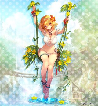 1girl anklet barefoot barefoot_sandals_(jewelry) bikini blonde_hair blurry blurry_background bracelet breasts closed_mouth da-kuro eros_(phantom_of_the_kill) flower full_body hair_flower hair_ornament jewelry looking_at_viewer official_alternate_costume official_art on_swing outdoors phantom_of_the_kill red_eyes second-party_source sitting solo swimsuit swing thighs white_bikini