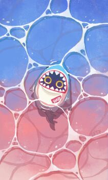 afloat bangboo_(zenless_zone_zero) bocha_2_2 commentary_request highres looking_at_viewer lying no_humans on_back pink_water sharkboo_(zenless_zone_zero) signature solo water yellow_eyes zenless_zone_zero