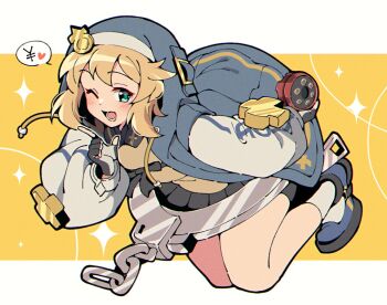 Rule 34 | 1girl, androgyne symbol, blonde hair, blue jacket, blue shoes, bridget (guilty gear), choppy bangs, commentary request, fingerless gloves, full body, gloves, green eyes, grey gloves, guilty gear, guilty gear strive, hand up, heart, holding, hood, hood up, hooded jacket, index finger raised, itsuka neru, jacket, letterboxed, long sleeves, looking at viewer, male focus, one eye closed, open clothes, open jacket, open mouth, outside border, shoes, short hair, single handcuff, smile, solo, sparkle, spoken heart, yellow background, yen sign, yo-yo