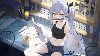 1girl aged_up armpit_crease artist_request azur_lane bare_arms bare_legs bare_shoulders black_choker black_nails black_panties black_sports_bra blue_shorts blush bow breasts cable choker cleavage coffee_mug collarbone crop_top cup denim denim_shorts desk grey_hair hair_between_eyes hair_ornament hair_ribbon hammer highres holding holding_paper indoors lamp lantern long_hair map medium_breasts midriff mouth_hold mug nail_polish navel non-web_source oceana_(azur_lane) official_art open_clothes open_fly open_shorts panties panty_peek paper pen ponytail reading ribbon screw shirt short_shorts shorts side_ponytail sidelocks siren_(azur_lane) sitting sleeveless sleeveless_shirt solo sports_bra stomach tank_top teeth_hold thighs tools unbuttoned underwear unzipped v-shaped_eyebrows wrench yellow_eyes