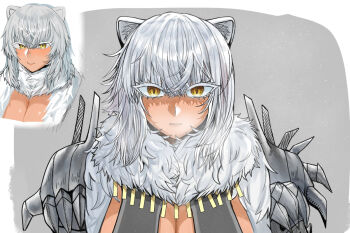 animal_ears armor black_souls black_souls_2 breasts expressionless fur_trim large_breasts leiden_(black_souls) lion_ears smile source_request white_hair yellow_eyes