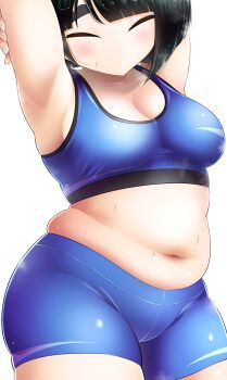 1girl absurdres armpits arms_behind_head big_mukimuki_&amp;_small_muchimuchi black_hair blue_shorts blunt_bangs blush breasts cleavage closed_eyes closed_mouth cowboy_shot dot_mouth dot_nose highres hinoharaf_(14310486) medium_breasts medium_hair mole mole_on_stomach muffin_top navel plump shiina_(big_mukimuki_&amp;_small_muchimuchi) shorts simple_background solo sports_bra sweat thick_arms thick_eyebrows thick_thighs thighs white_background