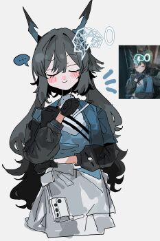 Rule 34 | ..., 1girl, absurdres, arknights, arknights: endfield, black gloves, black hair, black shirt, blue jacket, blush stickers, chen qianyu (arknights), cropped legs, dragon horns, game screenshot inset, gameplay mechanics, gloves, highres, horns, jacket, long hair, long sleeves, looking at viewer, odmised, reference inset, shirt, simple background, sketch, skirt, smile, solo, spoken ellipsis, twintails, wavy hair, white background, white skirt