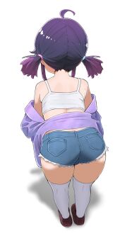 1girl ahoge ass bent_over denim denim_shorts female_focus from_behind highres jacket legs loli open_clothes open_jacket original purple_hair shintikku shoes shorts solo standing tank_top thighhighs thighs twintails white_background white_thighhighs