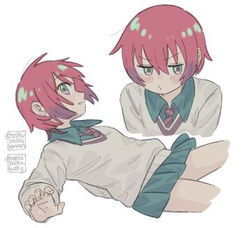 1girl amate_yuzuriha aqua_shirt aqua_skirt ariamikukanzaki commentary diagonal-striped_clothes diagonal-striped_necktie english_commentary green_eyes gundam gundam_gquuuuuux miniskirt necktie pout red_hair red_necktie shirt short_hair signature skirt striped_clothes sweater white_sweater