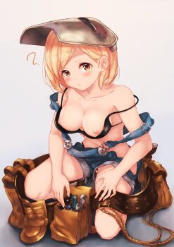 1girl ? absurdres alternate_costume ankle_boots bare_arms bare_shoulders belt bikini black_bra black_panties blonde_hair blush boots bra breasts breasts_out brown_boots brown_eyes cleavage closed_mouth collarbone commentary_request djeeta_(granblue_fantasy) eyelashes female_focus fingernails full_body gluteal_fold gradient_background granblue_fantasy head_tilt highleg highleg_bikini highres kneeling long_fingernails looking_at_viewer medium_breasts navel nipples on_one_knee overalls panties screwdriver short_hair solo squatting stomach strap_slip suspenders swimsuit thighs tool_belt tools underwear upshorts wakaba_(945599620) wardrobe_malfunction welding_mask wrench yellow_eyes