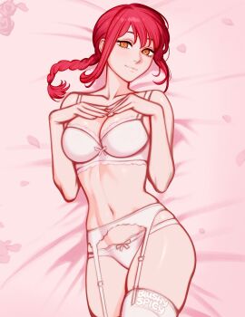 1girl bare_arms bare_shoulders blushyspicy bra braid breasts chainsaw_man cleavage collarbone commentary english_commentary garter_belt hands_up highres large_breasts long_hair looking_at_viewer lying makima_(chainsaw_man) navel on_bed orange_eyes panties petals red_hair ringed_eyes shiny_skin smile solo thighhighs underwear white_bra white_panties white_thighhighs