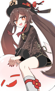 1girl :d black_hat black_shorts blush boo_tao_(genshin_impact) brown_eyes brown_hair brown_shirt chinese_clothes chinese_commentary commentary e.o. fang feet_out_of_frame fingernails flower genshin_impact ghost hair_between_eyes hat hat_flower highres hu_tao_(genshin_impact) jewelry long_hair long_sleeves looking_at_viewer nail_polish open_mouth own_hands_together plum_blossoms porkpie_hat red_flower red_nails ring shirt short_shorts shorts sidelocks simple_background sitting skin_fang smile socks solo star-shaped_pupils star_(symbol) symbol-shaped_pupils thumb_ring twintails very_long_hair white_background white_socks