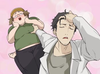 2boys adjusting_hair baseball_cap beard_stubble black_hair black_pants blush brown_hair cheshigom closed_eyes collarbone facial_hair fat fat_man glasses green_shirt hair_slicked_back hand_in_own_hair hands_on_own_cheeks hands_on_own_face hashida_itaru hat highres lab_coat long_sleeves male_focus meme multiple_boys naoya_hitting_choso_without_looking_(meme) okabe_rintarou open_mouth pants parody pectoral_grab pink_background puffy_male_chest scene_reference science_adventure shirt short_hair simple_background steins;gate stubble