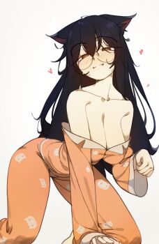 1girl absurdres all_fours animal_ears animal_print bakemonogatari bare_shoulders barefoot black_hair breasts brown_eyes cat_ears cat_girl cat_print cleavage closed_mouth collarbone commentary deko_morii glasses hair_between_eyes hanekawa_tsubasa heart highres large_breasts long_hair looking_at_viewer monogatari_(series) off_shoulder orange_pajamas pajamas print_pajamas smile solo symbol-only_commentary very_long_hair