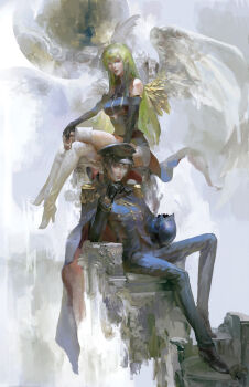 Rule 34 | 1boy, 1girl, black hair, boots, c.c., cape, christian angel, code geass, epaulettes, feathered wings, green hair, hat, helmet, highres, holding, holding unworn helmet, lelouch vi britannia, long hair, short hair, sitting, thigh boots, unworn headwear, unworn helmet, wings, zero (code geass)