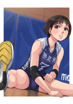 1girl black_hair blouse female_focus foreshortening gym_uniform indoors open_mouth original otsu_natsu reflection shirt short_hair short_shorts shorts sitting sleeveless sleeveless_shirt solo sportswear spread_legs stretching volleyball_uniform