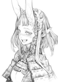 1girl armor blush breasts demon_horns fangs freckles graphite_(medium) greyscale hairband highres horns japanese_armor japanese_clothes looking_at_viewer medium_hair monochrome nodowa_(gorget) oni open_mouth original pencil pointy_ears shoulder_armor simple_background sketch smile sode solo teeth traditional_media white_background yocky