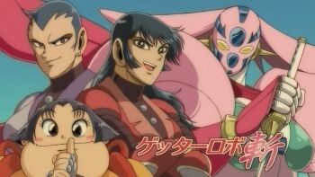 1990s_(style) 3girls akiyama_tsubaki armor blunt_sidelocks blush_stickers boobplate breastplate character_name commentary_request copyright_name crossed_arms getter_rekka getter_robo getter_robo_daikessen! highres holding holding_sword holding_weapon ishikawa_ken_(style) katana kuji-in looking_at_viewer mecha mecha_focus mecha_pilot_suit miroku_(miroku_t) mizuki_akane multiple_girls ninja official_style open_mouth pink_armor retro_artstyle reverse_grip robot robot_girl shibasaki_kaede short_hair sidelocks smile super_robot sword very_short_hair weapon yellow_eyes