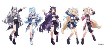 5girls :d animal_ears asymmetrical_clothes asymmetrical_sleeves black_pants black_shirt black_skirt boots collared_shirt color-coded colored_tips commentary_request company_name concert cone_hair_bun copyright_notice cropped_shirt detached_sleeves dog_ears dog_girl dog_tail double_bun full_body fuwawa_abyssgard hair_bun highres hololive hololive_english hololive_idol_uniform_(color_rise) hololive_indonesia idol idol_clothes kobo_kanaeru lace-up_boots long_hair looking_at_viewer midriff miniskirt mismatched_sleeves mococo_abyssgard multicolored_hair multicolored_shirt multiple_girls navel ninomae_ina'nis official_alternate_costume official_art open_mouth pants platform_boots pointy_ears puffy_detached_sleeves puffy_short_sleeves puffy_sleeves r1zen shirt short_hair short_sleeves siblings simple_background single_detached_sleeve single_pantsleg single_sleeve sisters skirt smile standing tail tentacle_hair thighhighs twins very_long_hair vestia_zeta virtual_youtuber wavy_hair white_background white_shirt white_skirt white_thighhighs