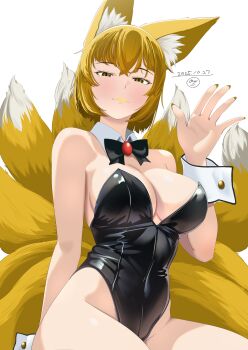 1girl 2025 animal_ear_fluff animal_ears blonde_hair blush bowite breasts dated detached_collar fingernails fox_ears fox_girl highres large_breasts leotard lipstick long_fingernails looking_at_viewer looking_down makeup medium_hair nail_polish ransyamaaa96818 sitting smile solo touhou waving wrist_cuffs yakumo_ran yellow_eyes yellow_lips