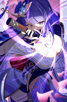 1girl absurdres arm_up armor back_bow black_panties blunt_bangs blurry bow braid breasts bridal_gauntlets cleavage commentary_request depth_of_field drawing_sword eiryu33 electricity fan_hair_ornament floating_hair flower_ornament genshin_impact glowing glowing_sword glowing_weapon hair_floating_upwards hair_ornament hair_ribbon highres holding holding_sword holding_weapon huge_breasts human_scabbard japanese_clothes katana kimono long_braid long_hair looking_at_viewer looking_up low-braided_long_hair low-tied_long_hair mitsudomoe_(shape) musou_isshin_(genshin_impact) off_shoulder panties powering_up purple_background purple_eyes purple_hair purple_kimono raiden_shogun red_sash ribbon sash shade shaded_face shoulder_armor single_braid solo sword sword_between_breasts thighhighs thighs tomoe_(symbol) underwear upper_body weapon wide_sleeves