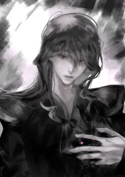 Rule 34 | 1boy, absurdres, aegyo sal, black eyes, black hair, black robe, black tunic, hair between eyes, hand on own chest, highres, light smile, long hair, looking down, male focus, mikejkl, partially colored, partially shaded face, robe, shadow slave, shoulder pads, solo, sunny (shadow slave), tunic