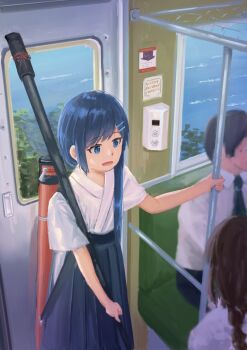 Rule 34 | 1boy, 2girls, absurdres, alternate costume, archery, black hair, black pants, blue eyes, blue hair, bow (weapon), brown hair, cevio, collared shirt, from above, futaba minato, hair ornament, hairclip, hakama, hakama pants, highres, holding, holding pole, japanese clothes, kimono, kyuudou, long hair, looking at another, multiple girls, open mouth, out of frame, pants, petrasche (kunio miracle), pole, quiver, shirt, short sleeves, smile, solo focus, standing, swept bangs, train, train interior, weapon, white kimono, white shirt, yumi (bow)