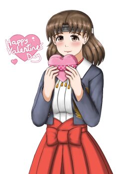 Rule 34 | 1girl, blazer, blouse, blush, brown eyes, brown hair, candy, chibiosaka, chiyoda (kancolle), chocolate, chocolate heart, commentary request, food, hakama, hakama skirt, happy valentine, headband, heart, heart-shaped food, holding, holding chocolate, holding food, jacket, japanese clothes, kantai collection, looking at viewer, medium hair, shirt, skirt, smile, valentine, white background