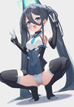 Rule 34 | 1girl, aris (armed) (blue archive), aris (blue archive), black hair, blue archive, blue eyes, blue necktie, commentary request, double v, fujieda uzuki, gloves, hair between eyes, halo, highres, leotard, long hair, necktie, official alternate costume, open mouth, rectangular halo, ringed eyes, shoes, showgirl skirt, solo, spread legs, squatting, thighhighs, tiptoes, twintails, v, very long hair, white leotard