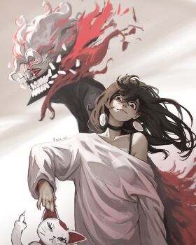 0mou_art 1boy 2girls ayase_momo black_choker black_jacket brown_eyes brown_hair cat choker collarbone commentary crossed_bangs dandadan earrings facial_mark from_side glasses grabbing_another&#039;s_ear hair_between_eyes hand_on_another&#039;s_ear head_tilt highres jacket jewelry long_sleeves looking_at_viewer maneki-neko mask medium_hair middle_finger mouth_mask multiple_girls off-shoulder_shirt off_shoulder profile round_eyewear shirt short_hair single_bare_shoulder straight-on strap_slip takakura_ken_(dandadan) takakura_ken_(transformed)_(dandadan) transformation turbo_granny_(dandadan) twitter_username upper_body white_hair white_shirt