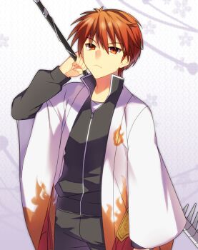 Rule 34 | 1boy, haori, jacket, kyoukai no rinne, pants, red eyes, red hair, rokudou rinne, scythe, short hair, weapon