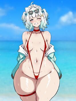 1girl absurdres aqua_hair areola_slip blue_eyes blush breasts commentary covered_erect_nipples curvy day english_commentary eyewear_on_head frills ghost_girl gradient_hair hair_ornament highres indie_virtual_youtuber looking_at_viewer maid_headdress medium_breasts mint_fantome mint_fantome_(minto_2.0) multicolored_hair navel ocean outdoors pear-shaped_figure pointy_ears red_slingshot_swimsuit rudeus_(steban_sharnak) shiny_skin short_hair skindentation slingshot_swimsuit smile solo standing sunglasses sweat swimsuit thick_thighs thigh_strap thighs triangular_headpiece two_side_up virtual_youtuber white_hair wide_hips x_hair_ornament