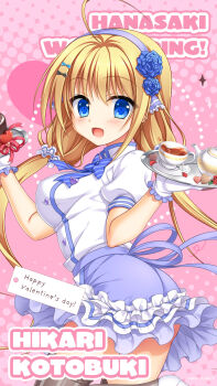 1girl :d ahoge black_bow black_thighhighs blonde_hair blue_bow blue_eyes blue_flower blue_hairband blue_rose blue_skirt blush bow cake character_name chocolate_cake copyright_notice cowboy_shot cup dual_wielding english_text eyes_visible_through_hair floating_hair flower food frilled_skirt frills hair_between_eyes hair_bow hair_flower hair_ornament hair_scrunchie hairband hanasaki_work_spring happy happy_valentine heart heart_of_string highres holding holding_tray huge_ahoge kotobuki_hikari long_hair looking_at_viewer low_twintails matsumiya_kiseri notice_lines official_art official_wallpaper open_mouth pink_background puffy_short_sleeves puffy_sleeves red_ribbon ribbon rose scrunchie shirt short_sleeves sidelocks simple_background skirt smile solo sparkle striped_clothes striped_thighhighs tea teacup teapot thighhighs tray twintails upskirt valentine vertical-striped_clothes vertical-striped_thighhighs very_long_hair white_scrunchie white_shirt zettai_ryouiki