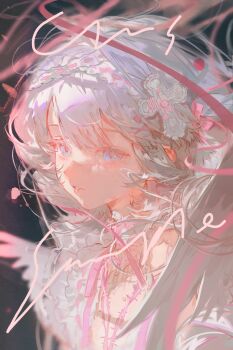 1girl blue_eyes blurry colored_eyelashes cross cross_hair_ornament eyelashes feathered_wings frills hair_between_eyes hair_ornament headdress highres lips long_hair looking_to_the_side original parted_lips pink_ribbon ribbon sample_watermark sidelocks solo thorns upper_body watermark white_cross white_eyelashes white_hair white_headdress white_wings wings wu_qu_chi
